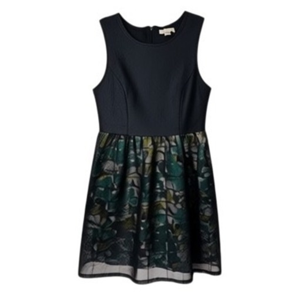 Tulle S XS Sleeveless Fit &‎ Flare Dress Black Bodice Green Floral Skirt Lined